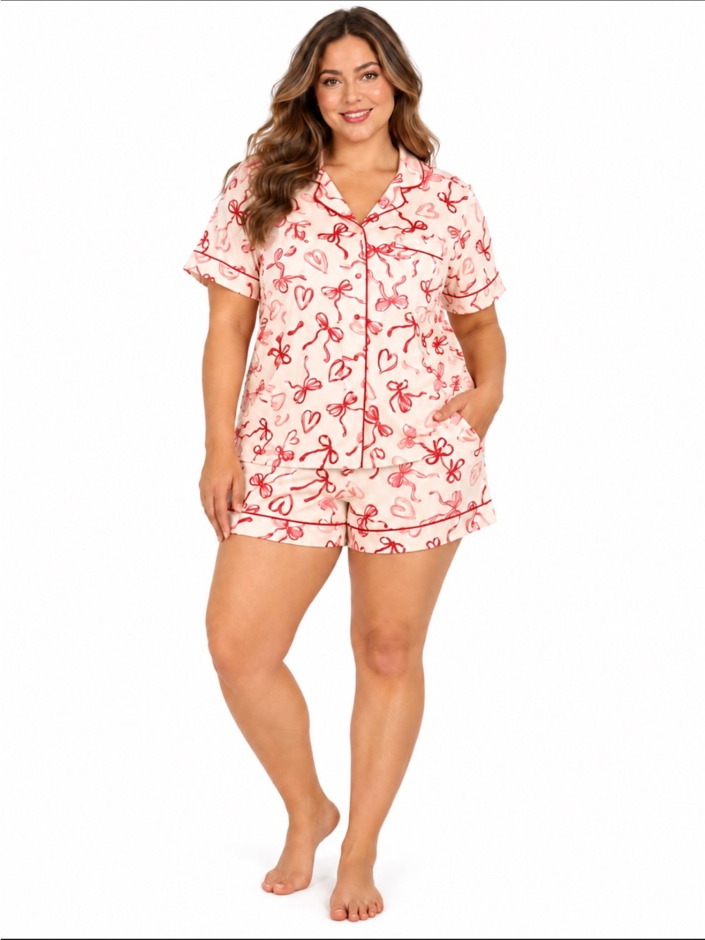 💗MEMBERSMARK Women’s Plus Knit Short Sleeve Top & Shorts Hearts & Bows Love